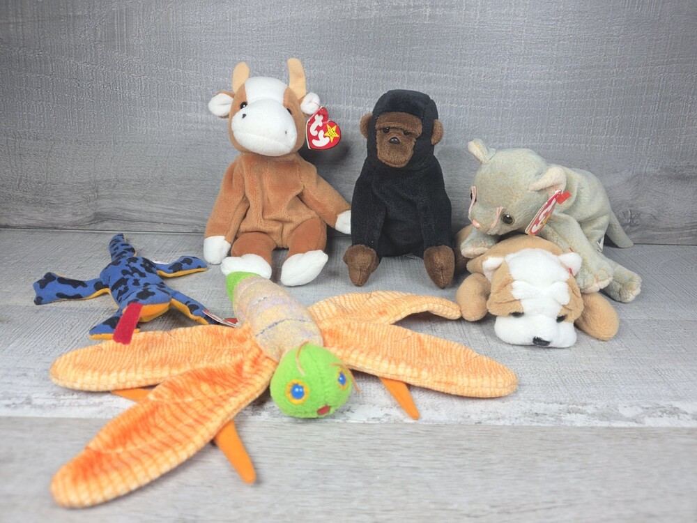 Ty Beanie Babies Plush Toys Lot of 6 Dragonfly Lizard Cow Dog Cat Gorilla b27